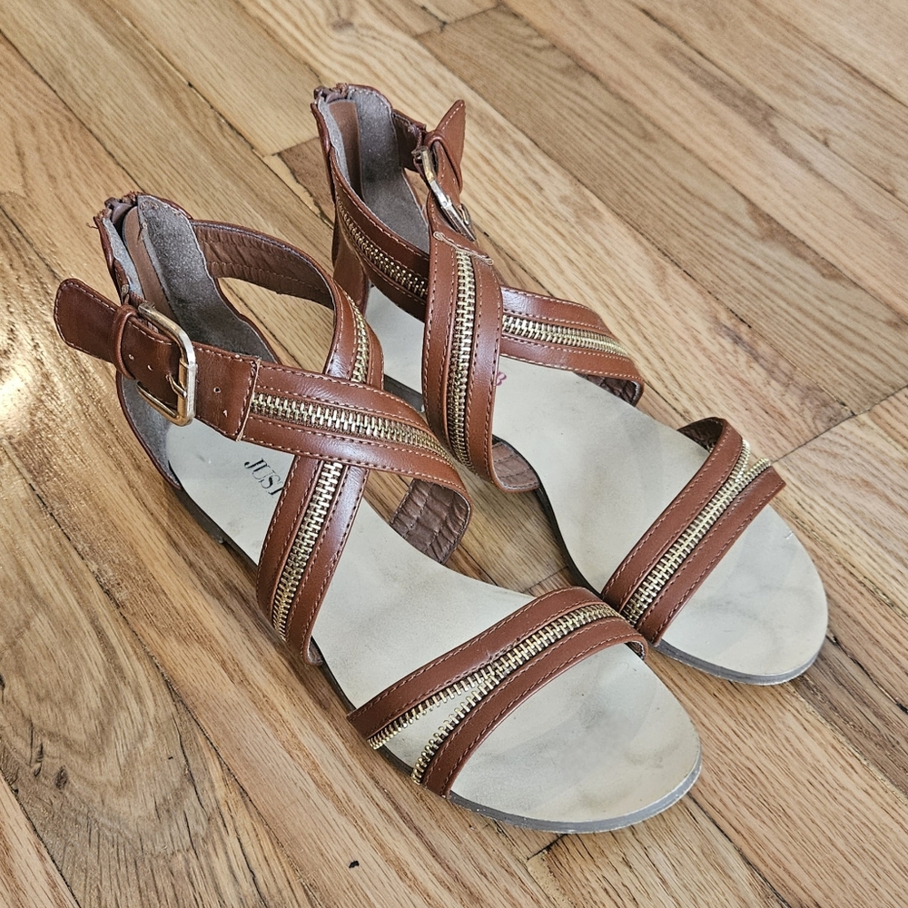 Brown faux leather zip detailed sandal Size 5.5
